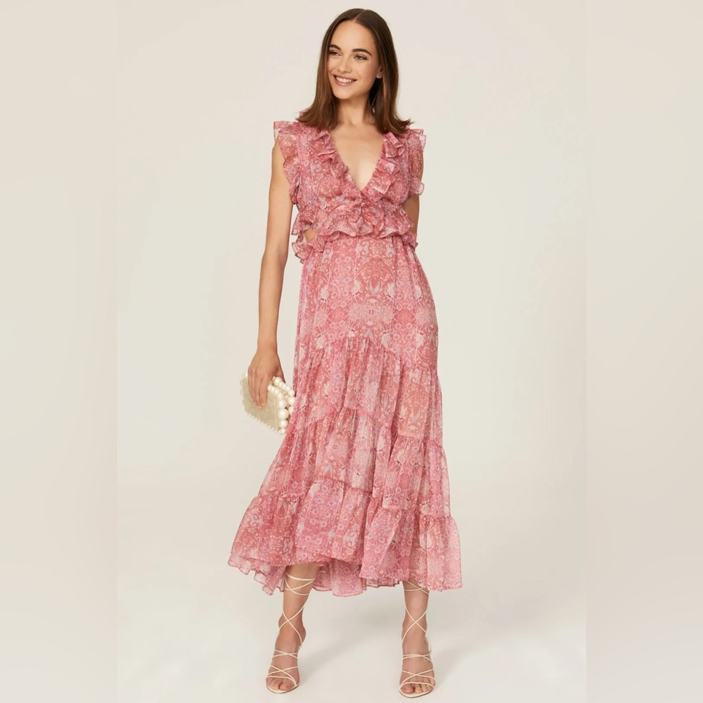 Misa Los Angeles Pink Ruffled V-Neck Tiered Midi Dress